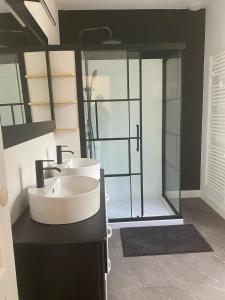 a bathroom with a sink and a glass shower at La Maison Du Pavé in Villedieu-les-Poëles