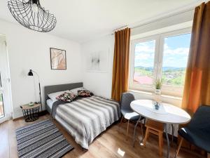 a bedroom with a bed and a table and a window at Pokoje i apartamenty Ferencówka Bieszczady in Zawóz