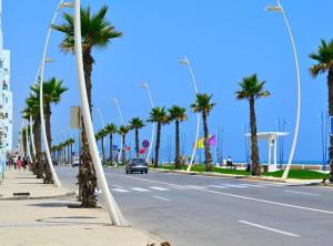 a street with palm trees and a car driving down the street at The Blue Pearl of Martil in Martil