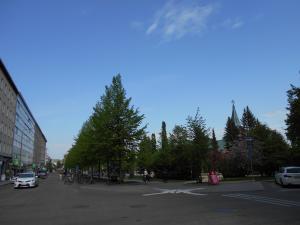 a city street with cars parked on the road at Anne's City Apartment in Jyväskylä