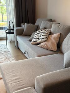 un divano con dei cuscini in un soggiorno di Riverside Retreat - Cozy Central Stay in Pärnu a Pärnu