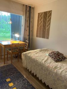 ein Schlafzimmer mit einem Bett, einem Schreibtisch und einem Tisch in der Unterkunft Villa Väinölä, tilaa rauhoittua in Alavus