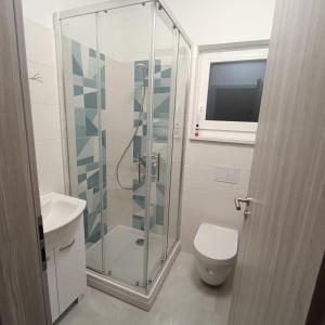 a bathroom with a shower and a toilet and a window at Apartman Franka in Labin
