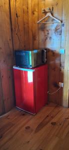 a microwave sitting on top of a red box at Chalet indépendant chez Aurèle in Dullin