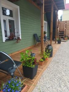 a porch of a house with potted plants on it at Lili stuudio in Otepää