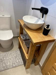 a bathroom with a sink and a toilet at Domek z balią in Zwierzyniec