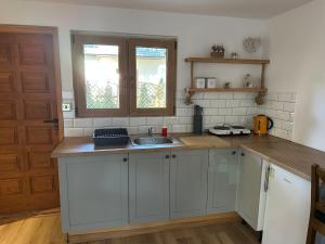a kitchen with a sink and a counter top at Domek z balią in Zwierzyniec
