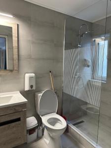 a bathroom with a toilet and a glass shower at Casa George in Costinesti +59 photos