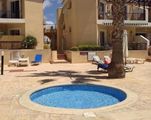 una piscina en un patio con una palmera en Sirena Sunrise 120, en Pafos