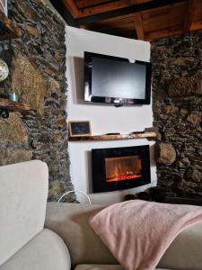 a living room with a tv and a fireplace at Sweet Côa in Sabugal