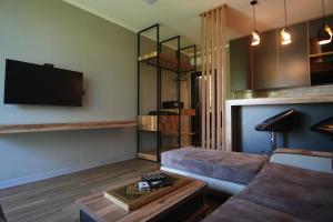 a living room with a couch and a flat screen tv at Dachis Villa Private Pool Retreat in Batumi