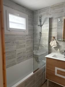 a bathroom with a shower and a sink at Appartements des Compagnons in Val de Reuil