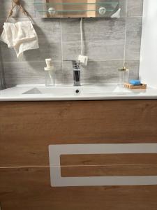 a bathroom with a sink and a wooden counter top at Appartements des Compagnons in Val de Reuil +6 photos