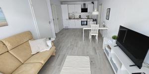 a living room with a couch and a tv and a kitchen at LandRäume barrierefrei in Lunden