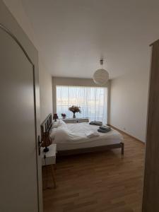 a bedroom with a bed and a large window at Cosy apartment near Zaventem Airport in Brussels +7 photos