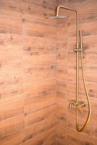 a shower with a brass shower head on a wooden wall at Queen of Durmitor in Žabljak +22 photos