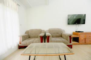 a living room with two couches and a tv at Villa Berastagi Indah A17 - TEBU MANIS in Berastagi