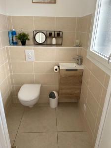 Un baño pequeño con inodoro y lavabo. en David, en La Tour-du-Crieu 18 fotos más