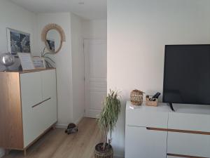 - un salon avec une télévision et une commode dans l'établissement Chambre d hôte la rivière 45m2 jardin et piscine, à Aigrefeuille-dʼAunis