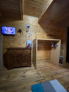 a room with wooden walls and a tv in a room at Lolini bungalovi in Novi Sad