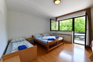 Un dormitorio con dos camas y una gran ventana. en House Jole, en Drežnik Grad 77 fotos más