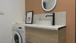a bathroom with a sink and a washing machine at Le Haut perché - Vue & Centre-ville de Nevers in Nevers +6 photos