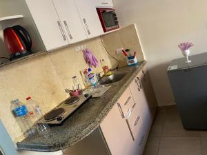 una cocina con fregadero y encimera en Aqua view resort studio, en El Qasaba esh Sharqīya 17 fotos más