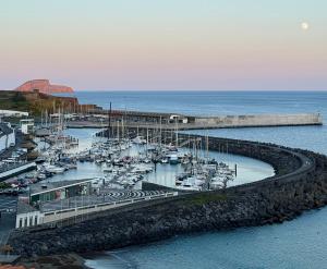 an aerial view of a marina with boats in the water at Ponto de vista in Angra do Heroísmo