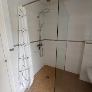 a bathroom with a shower with a glass door at Escapade verte proche loisirs in Ploërmel