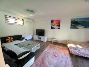 a living room with a couch and a tv at Apartman Leon in Bihać