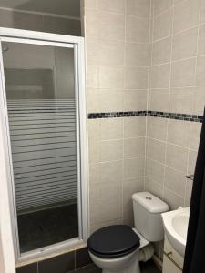 a bathroom with a toilet and a shower and a sink at Studio proche de la mer in Canet-en-Roussillon