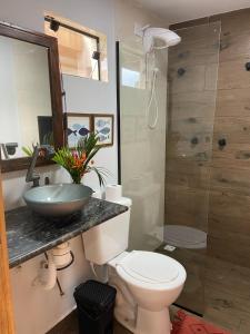 a bathroom with a toilet and a sink and a shower at Pousada Amaris in Penha