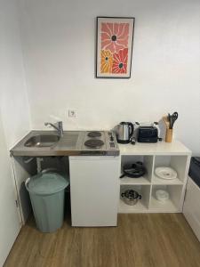 a small kitchen with a sink and a stove at Modernes 1-Zimmer Appartment- mit Doppelbett und Smart-TV in Bonn