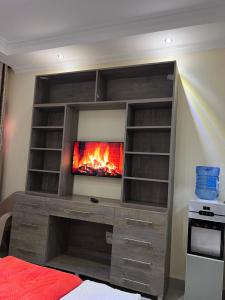 a large wooden book shelf with a fire in it at Gifted homes voi in Voi