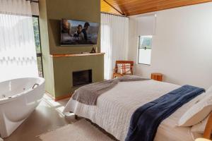 a bedroom with a bed and a tub and a tv at Encontro dos Vales in Visconde De Maua