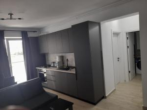 a kitchen with grey cabinets and a couch in a room at Apartament Camy - Meraki Resort & SPA in Mamaia Sat/Năvodari