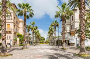 an empty street with palm trees and buildings at Hotel Marconi in Grottammare
