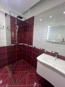 un bagno con doccia in vetro e lavandino di Großzügige Wohnung in zentraler Lage mit Balkon a Sarandë