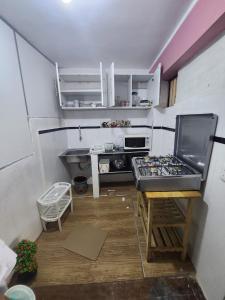 eine kleine Küche mit einem Herd und einer Arbeitsplatte in der Unterkunft Departamento Esmeralda in Chota