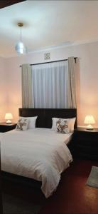 アルーシャにあるEuro Luxe Apartmentsの大きな白いベッドと2つのランプのある寝室