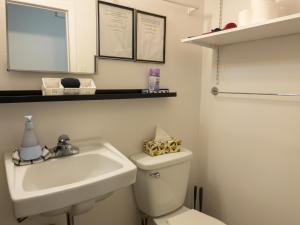 une salle de bain avec un lavabo, des toilettes et un miroir dans l'établissement Heart of MTR for Memerable Experiance 2 backyard 7minMetro Fully Renovated & Equipped, à Montréal 40 autres photos