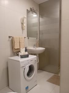 a bathroom with a washing machine and a sink at Senjak studio apartment, near Belgrade fair in Belgrade