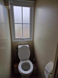 a small bathroom with a toilet with a window at Stacaravan 104 met 4 slaapplaatsen in Bredene