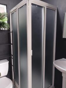 a bathroom with a shower with a toilet and a sink at Casa de 4 habitaciones con alberca in Barrio Nuevo