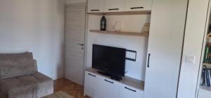 a living room with a flat screen tv on a wall at Apartman Nadja2 in Tivat