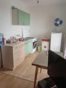 a kitchen with green cabinets and a white refrigerator at Braco apartmani Utjeha in Kravlja