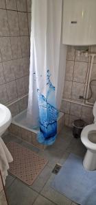 a bathroom with a shower curtain and a toilet at Casa Dorului in Mangalia