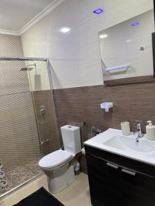 a bathroom with a toilet and a shower and a sink at Firras Mdiq in M'diq