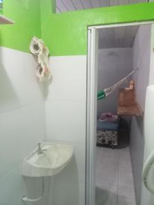 a bathroom with a sink and a toilet and green walls at kitnet - Studio de Hóspedes da Menina Maricotinha in Manaus