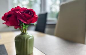 a red rose in a green vase on a table at Amazing Home In Karlino in Karlino